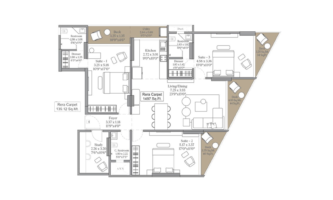 3 BHK + Study plan
